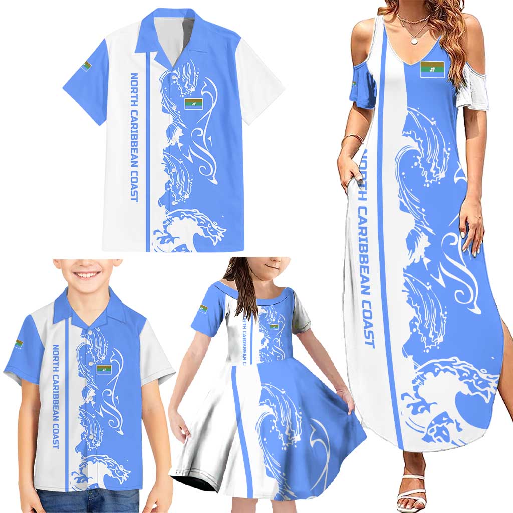 Nicaragua North Caribbean Coast Family Matching Summer Maxi Dress and Hawaiian Shirt with Ocean Wave Pattern and Dance with the Waves - Wonder Print Shop