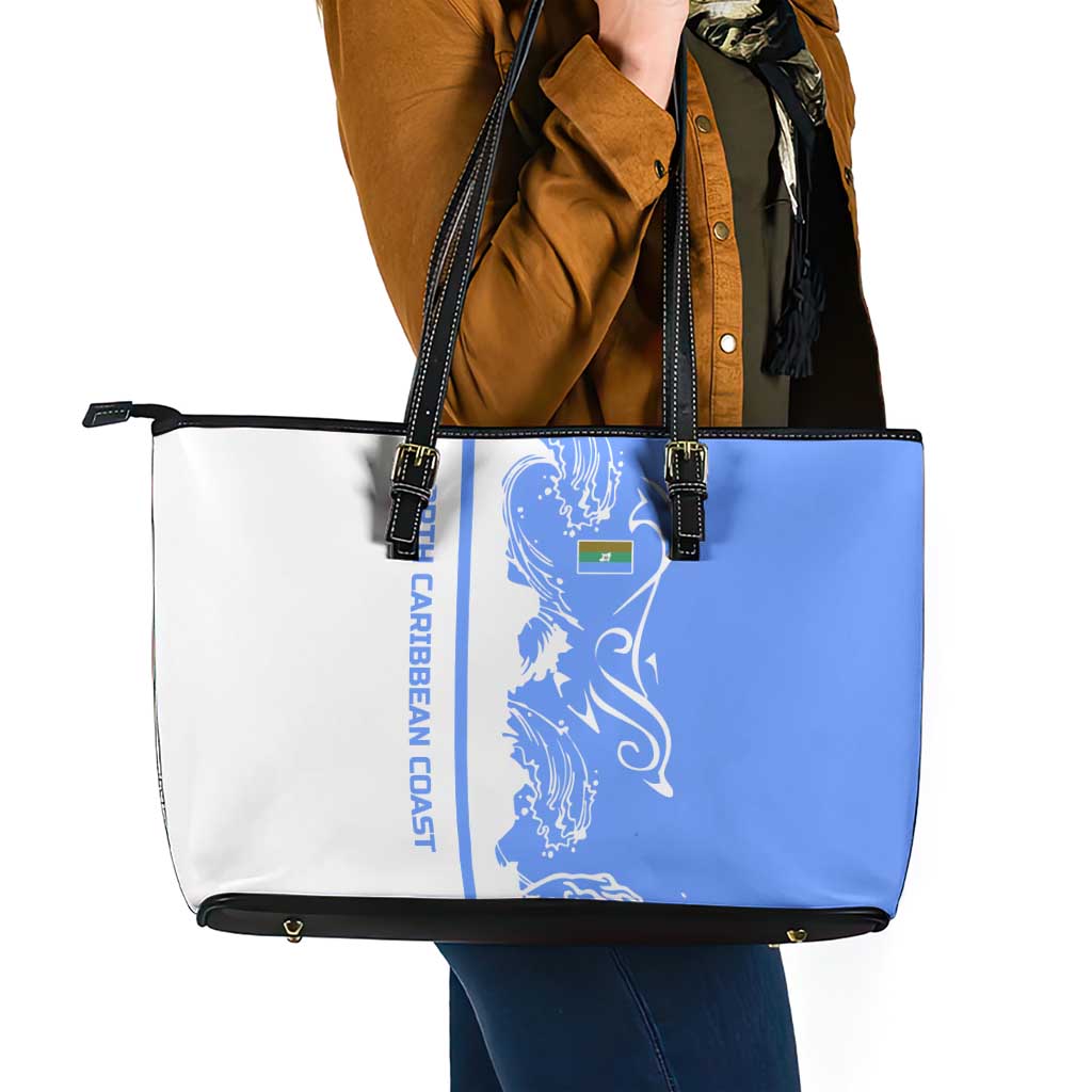 Nicaragua North Caribbean Coast Leather Tote Bag with Ocean Wave Pattern and Dance with the Waves - Wonder Print Shop