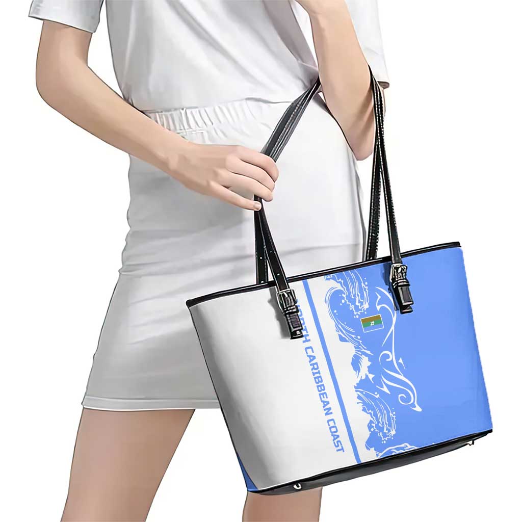 Nicaragua North Caribbean Coast Leather Tote Bag with Ocean Wave Pattern and Dance with the Waves - Wonder Print Shop