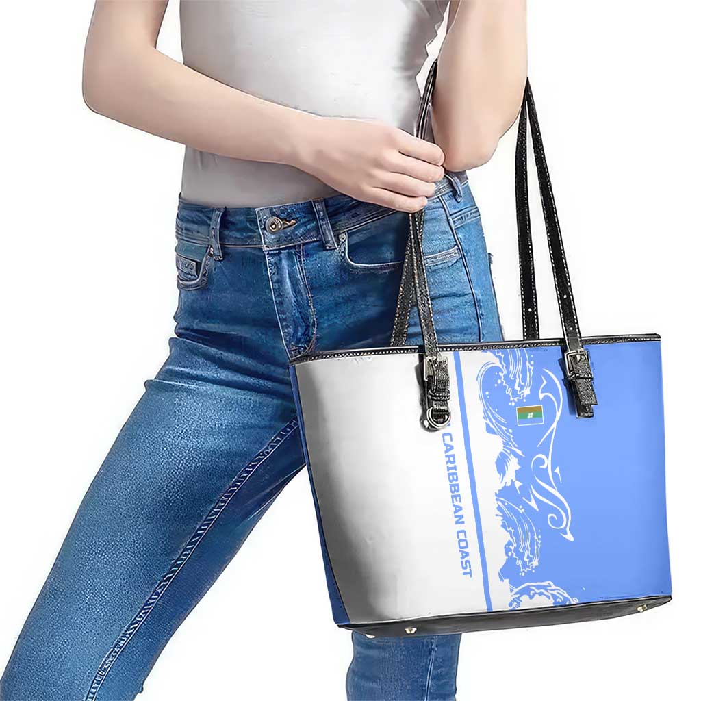Nicaragua North Caribbean Coast Leather Tote Bag with Ocean Wave Pattern and Dance with the Waves - Wonder Print Shop