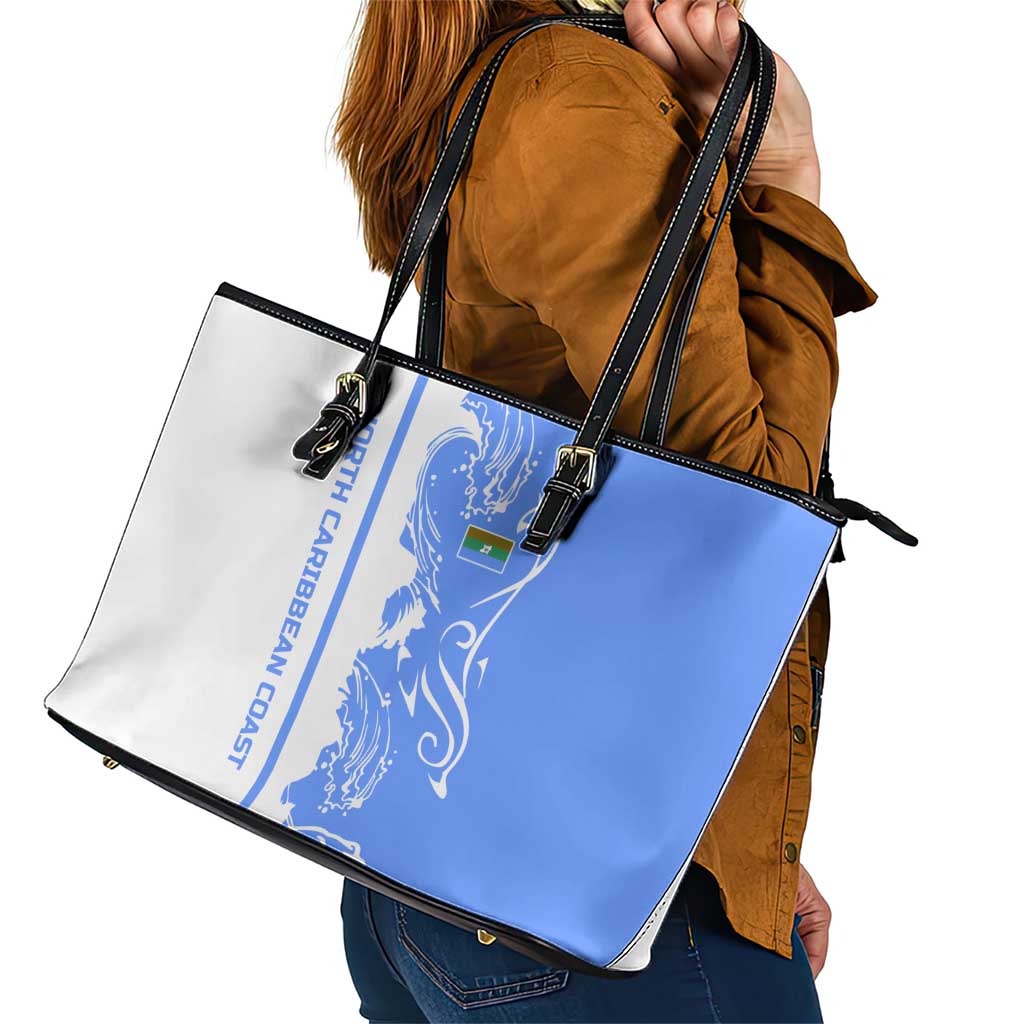 Nicaragua North Caribbean Coast Leather Tote Bag with Ocean Wave Pattern and Dance with the Waves - Wonder Print Shop