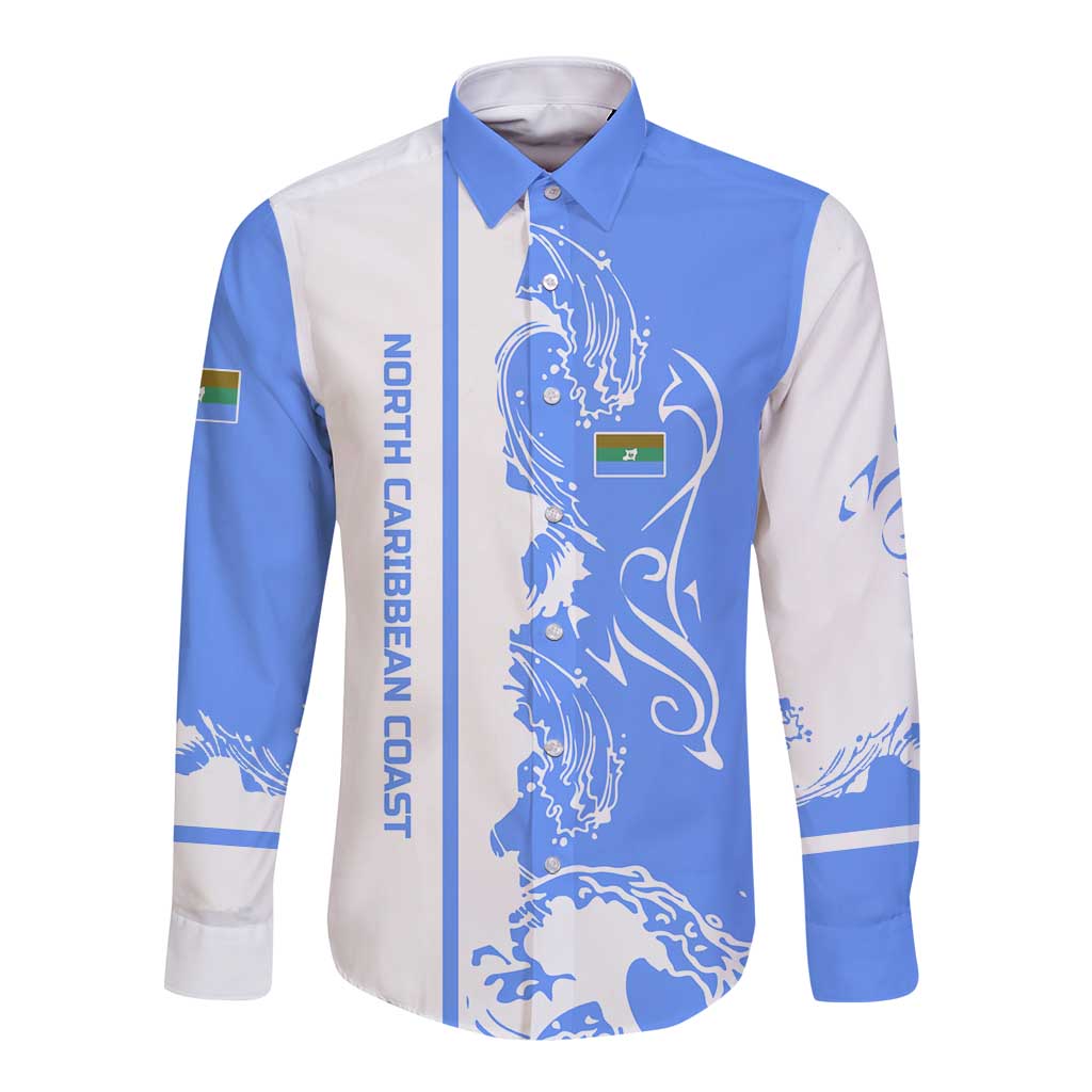 Nicaragua North Caribbean Coast Long Sleeve Button Shirt with Ocean Wave Pattern and Dance with the Waves - Wonder Print Shop