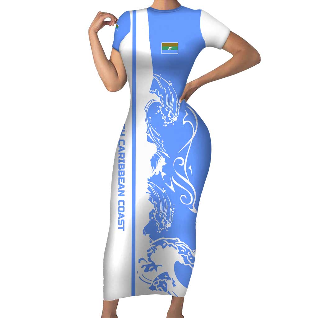 Nicaragua North Caribbean Coast Short Sleeve Bodycon Dress with Ocean Wave Pattern and Dance with the Waves - Wonder Print Shop