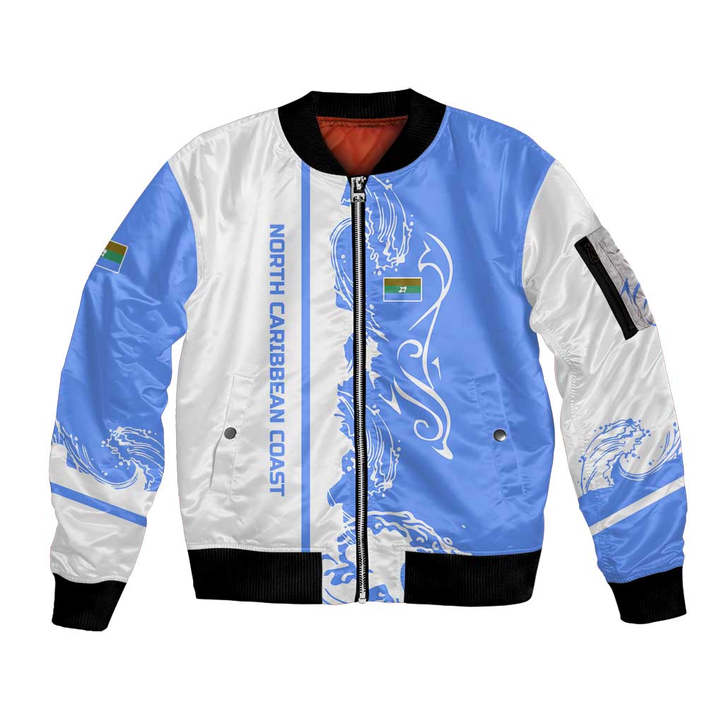 Nicaragua North Caribbean Coast Sleeve Zip Bomber Jacket with Ocean Wave Pattern and Dance with the Waves - Wonder Print Shop
