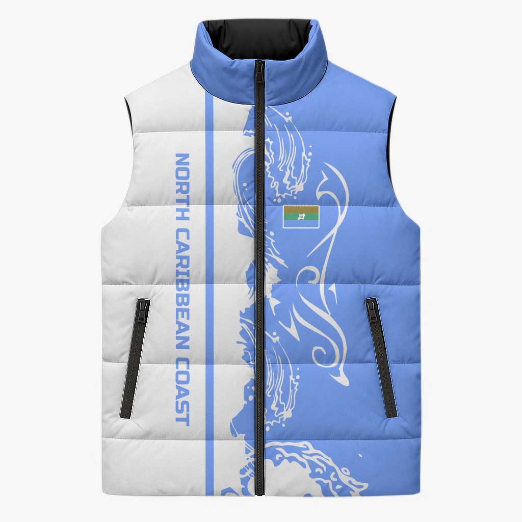 Nicaragua North Caribbean Coast Sleeveless Puffer Jacket with Ocean Wave Pattern and Dance with the Waves - Wonder Print Shop