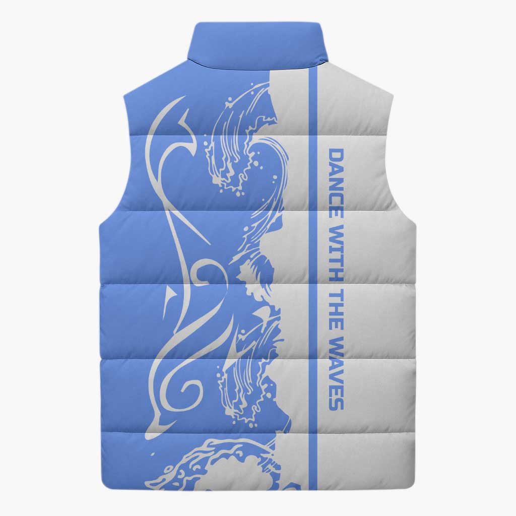 Nicaragua North Caribbean Coast Sleeveless Puffer Jacket with Ocean Wave Pattern and Dance with the Waves - Wonder Print Shop