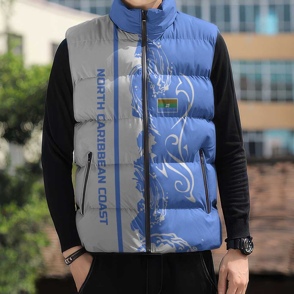 Nicaragua North Caribbean Coast Sleeveless Puffer Jacket with Ocean Wave Pattern and Dance with the Waves - Wonder Print Shop