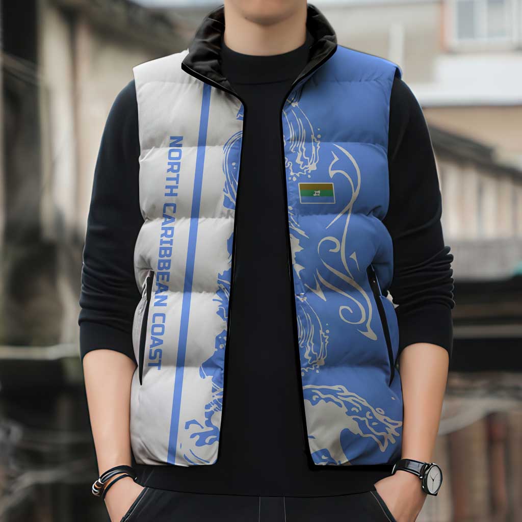 Nicaragua North Caribbean Coast Sleeveless Puffer Jacket with Ocean Wave Pattern and Dance with the Waves - Wonder Print Shop
