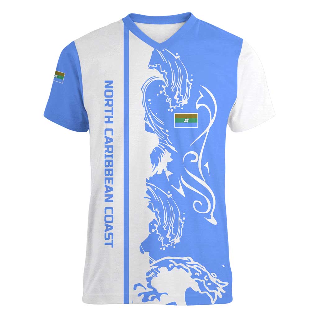 Nicaragua North Caribbean Coast Women V-Neck T-Shirt with Ocean Wave Pattern and Dance with the Waves - Wonder Print Shop