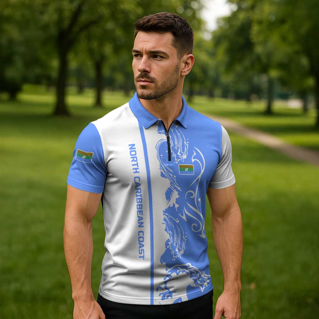 Nicaragua North Caribbean Coast Zipper Polo Shirt with Ocean Wave Pattern and Dance with the Waves - Wonder Print Shop