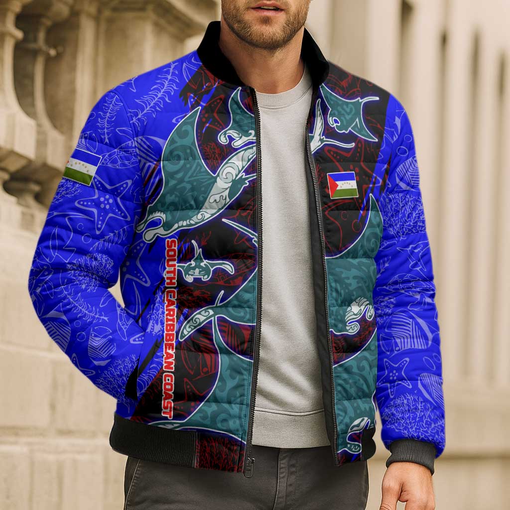 South Caribbean Coast Nicaragua Bomber Puffer Jacket with Manta Ray Coral Reef and Dive into the Spirit Design - Wonder Print Shop