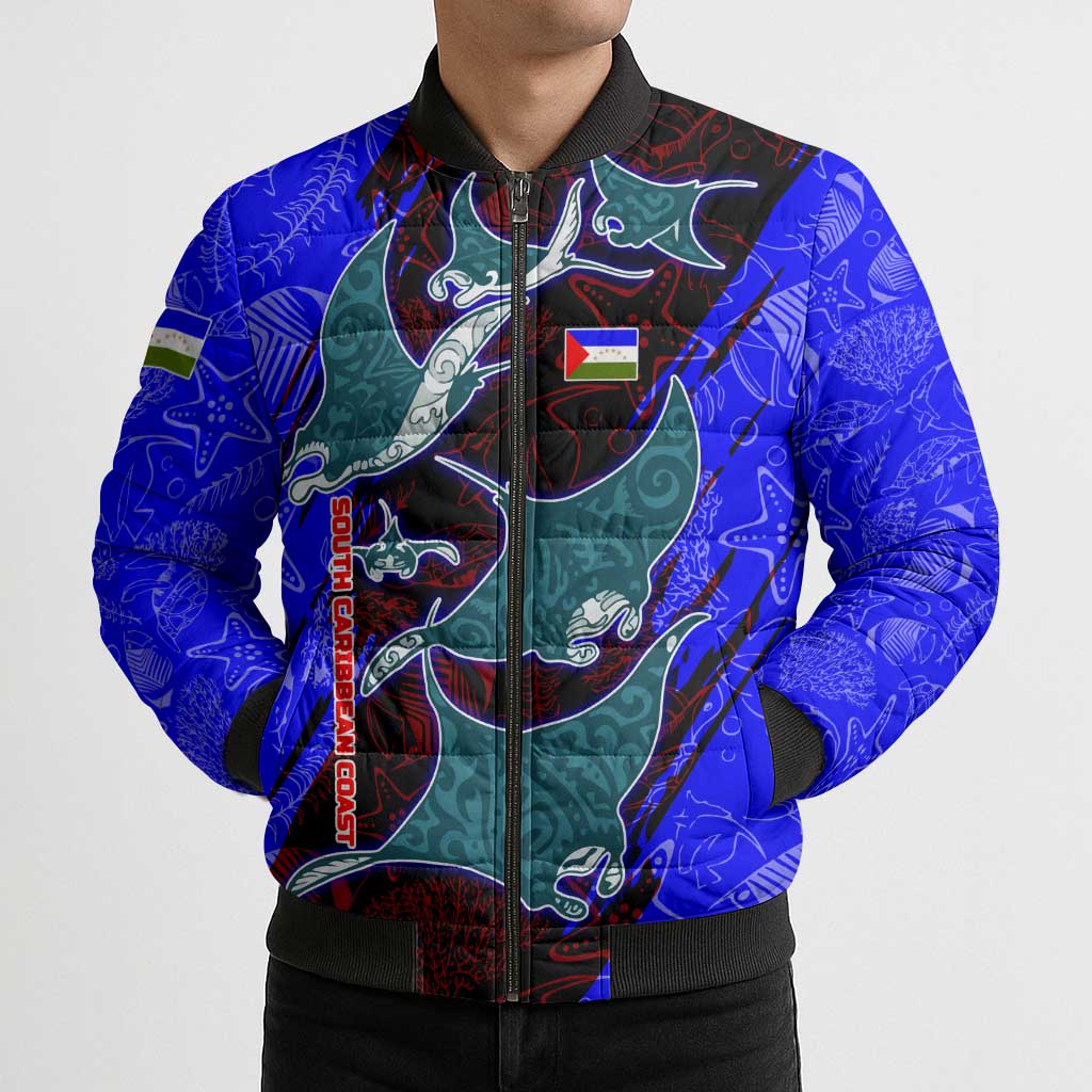 South Caribbean Coast Nicaragua Bomber Puffer Jacket with Manta Ray Coral Reef and Dive into the Spirit Design - Wonder Print Shop