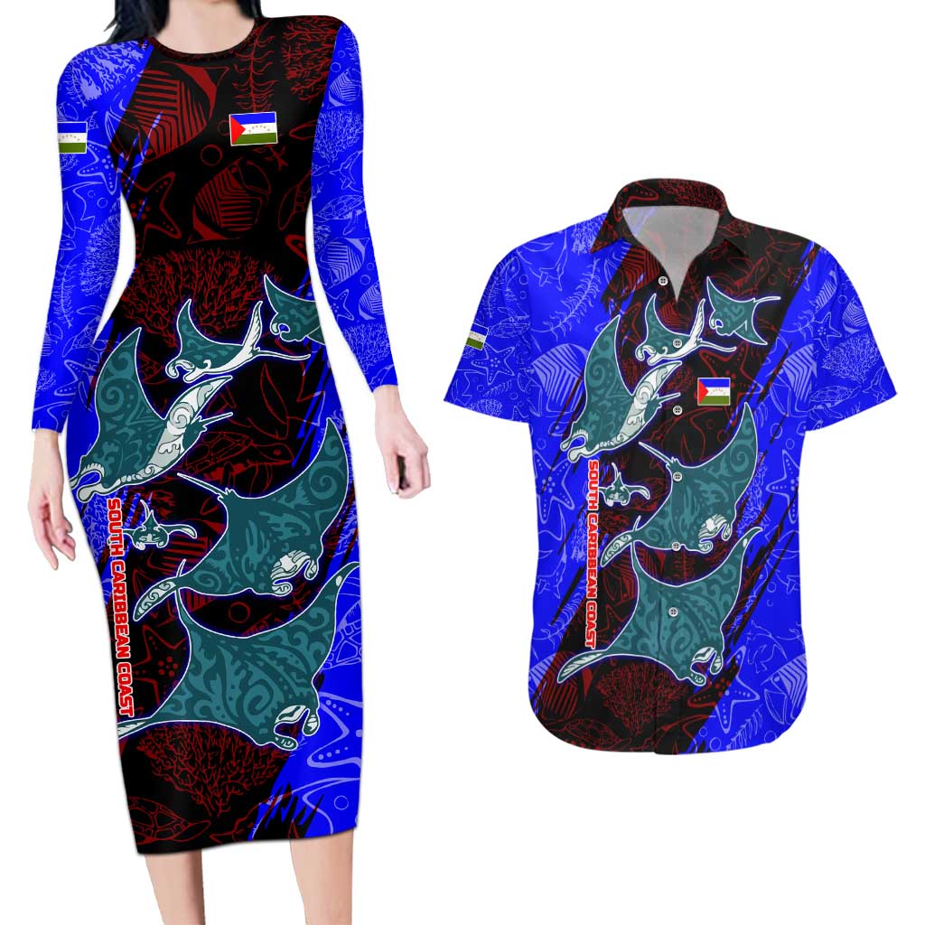 South Caribbean Coast Nicaragua Couples Matching Long Sleeve Bodycon Dress and Hawaiian Shirt with Manta Ray Coral Reef and Dive into the Spirit Design - Wonder Print Shop