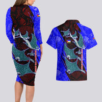 South Caribbean Coast Nicaragua Couples Matching Long Sleeve Bodycon Dress and Hawaiian Shirt with Manta Ray Coral Reef and Dive into the Spirit Design - Wonder Print Shop