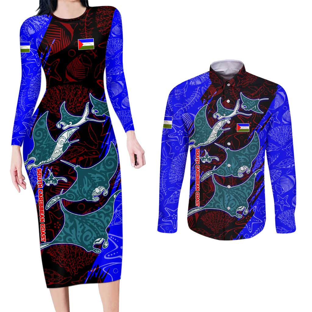 South Caribbean Coast Nicaragua Couples Matching Long Sleeve Bodycon Dress and Long Sleeve Button Shirt with Manta Ray Coral Reef and Dive into the Spirit Design - Wonder Print Shop