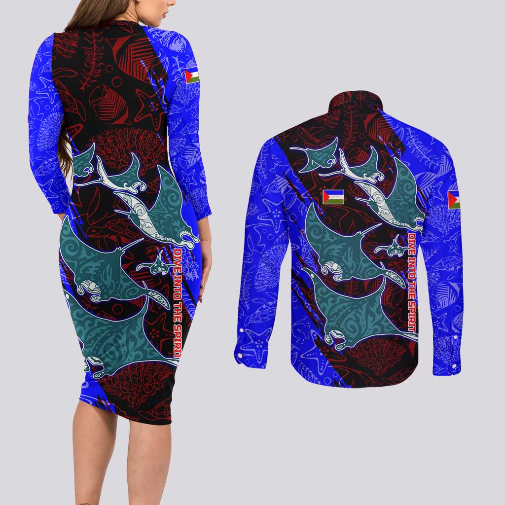 South Caribbean Coast Nicaragua Couples Matching Long Sleeve Bodycon Dress and Long Sleeve Button Shirt with Manta Ray Coral Reef and Dive into the Spirit Design - Wonder Print Shop