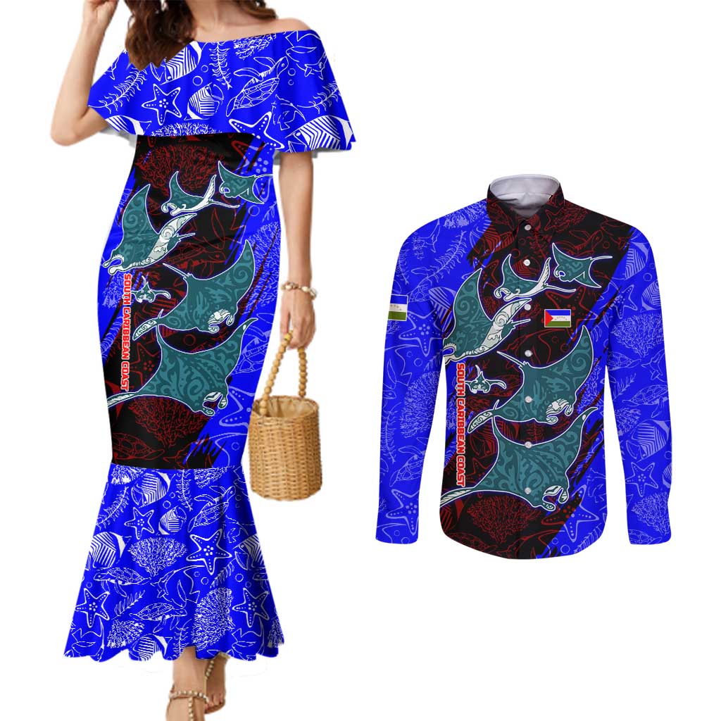South Caribbean Coast Nicaragua Couples Matching Mermaid Dress and Long Sleeve Button Shirt with Manta Ray Coral Reef and Dive into the Spirit Design - Wonder Print Shop