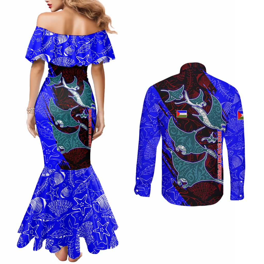 South Caribbean Coast Nicaragua Couples Matching Mermaid Dress and Long Sleeve Button Shirt with Manta Ray Coral Reef and Dive into the Spirit Design - Wonder Print Shop