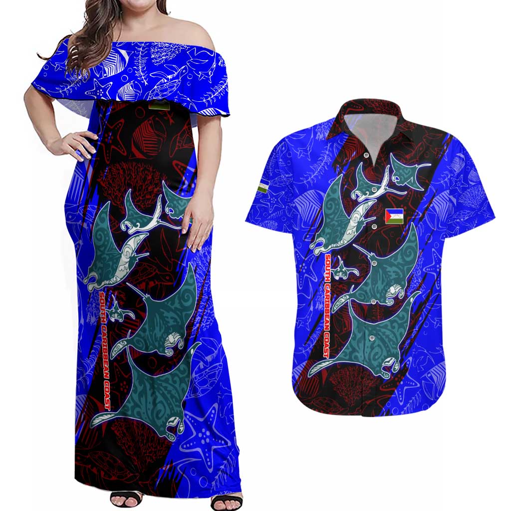 South Caribbean Coast Nicaragua Couples Matching Off Shoulder Maxi Dress and Hawaiian Shirt with Manta Ray Coral Reef and Dive into the Spirit Design - Wonder Print Shop
