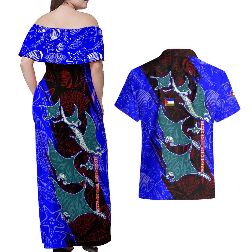 South Caribbean Coast Nicaragua Couples Matching Off Shoulder Maxi Dress and Hawaiian Shirt with Manta Ray Coral Reef and Dive into the Spirit Design - Wonder Print Shop