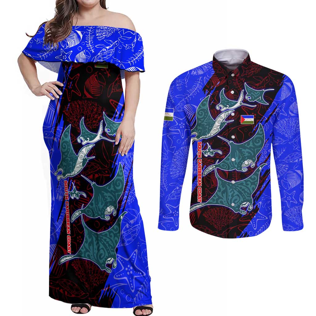 South Caribbean Coast Nicaragua Couples Matching Off Shoulder Maxi Dress and Long Sleeve Button Shirt with Manta Ray Coral Reef and Dive into the Spirit Design - Wonder Print Shop