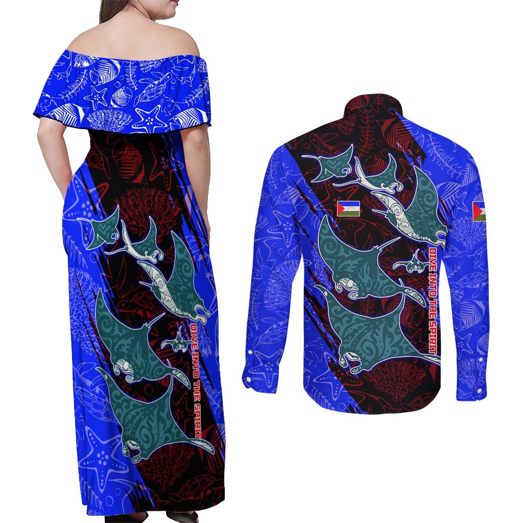 South Caribbean Coast Nicaragua Couples Matching Off Shoulder Maxi Dress and Long Sleeve Button Shirt with Manta Ray Coral Reef and Dive into the Spirit Design - Wonder Print Shop
