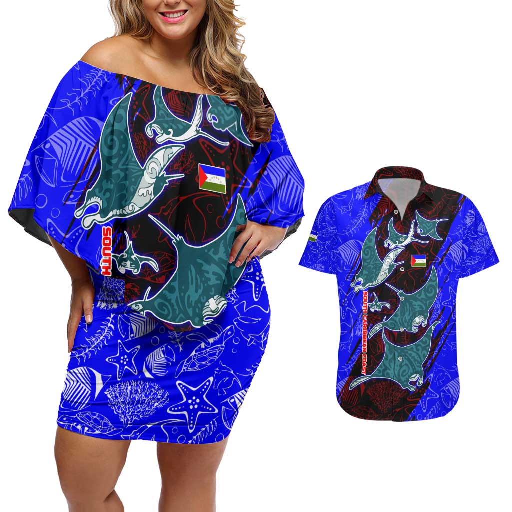 South Caribbean Coast Nicaragua Couples Matching Off Shoulder Short Dress and Hawaiian Shirt with Manta Ray Coral Reef and Dive into the Spirit Design - Wonder Print Shop