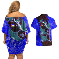 South Caribbean Coast Nicaragua Couples Matching Off Shoulder Short Dress and Hawaiian Shirt with Manta Ray Coral Reef and Dive into the Spirit Design - Wonder Print Shop