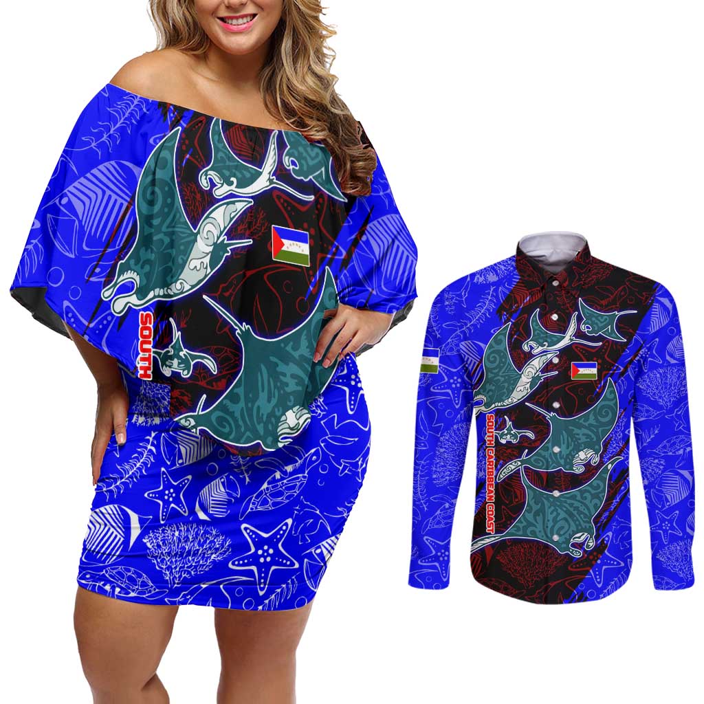 South Caribbean Coast Nicaragua Couples Matching Off Shoulder Short Dress and Long Sleeve Button Shirt with Manta Ray Coral Reef and Dive into the Spirit Design - Wonder Print Shop