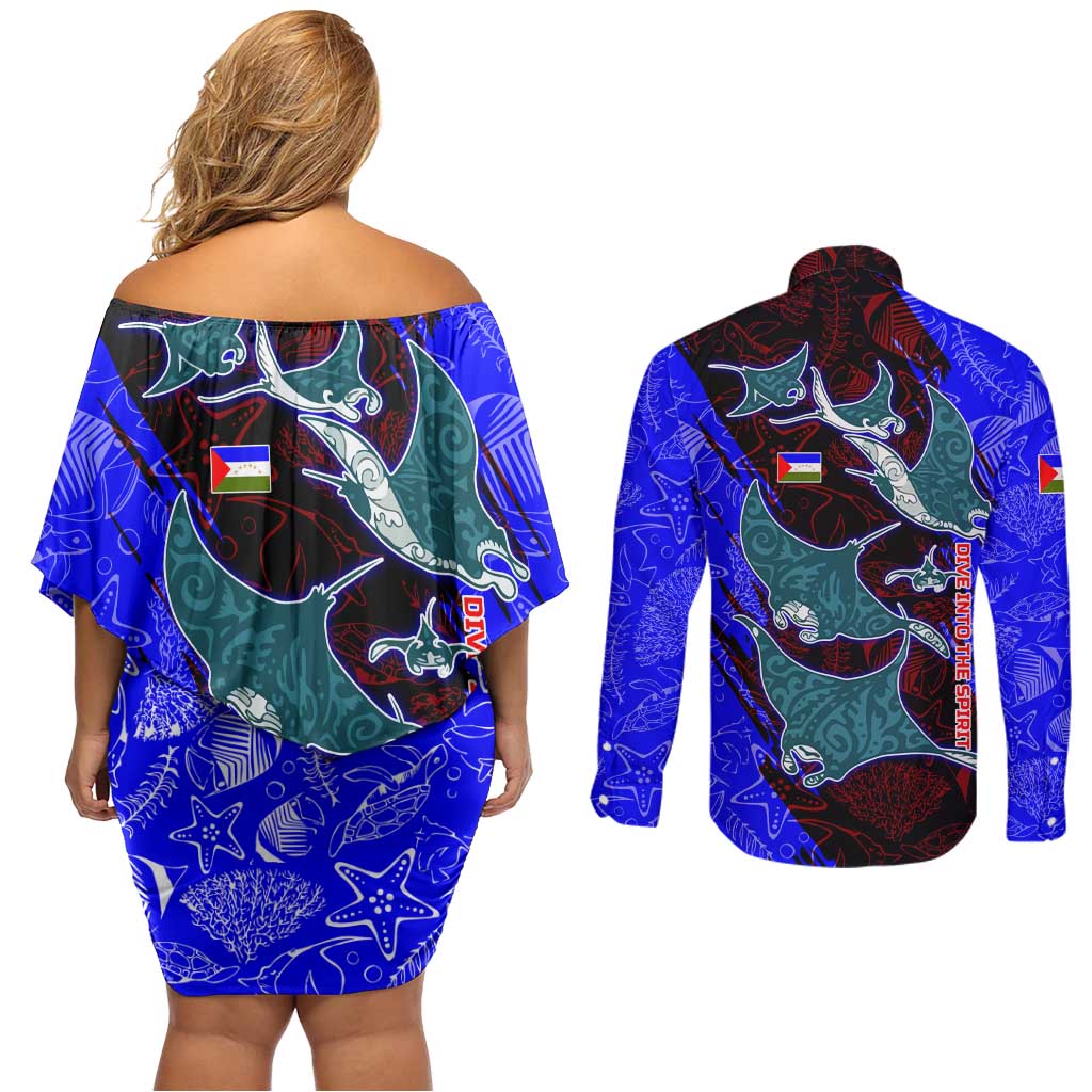 South Caribbean Coast Nicaragua Couples Matching Off Shoulder Short Dress and Long Sleeve Button Shirt with Manta Ray Coral Reef and Dive into the Spirit Design - Wonder Print Shop