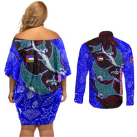 South Caribbean Coast Nicaragua Couples Matching Off Shoulder Short Dress and Long Sleeve Button Shirt with Manta Ray Coral Reef and Dive into the Spirit Design - Wonder Print Shop