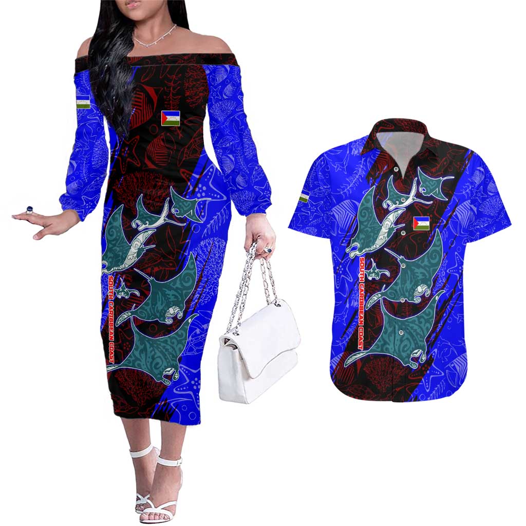 South Caribbean Coast Nicaragua Couples Matching Off The Shoulder Long Sleeve Dress and Hawaiian Shirt with Manta Ray Coral Reef and Dive into the Spirit Design - Wonder Print Shop