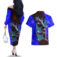 South Caribbean Coast Nicaragua Couples Matching Off The Shoulder Long Sleeve Dress and Hawaiian Shirt with Manta Ray Coral Reef and Dive into the Spirit Design - Wonder Print Shop