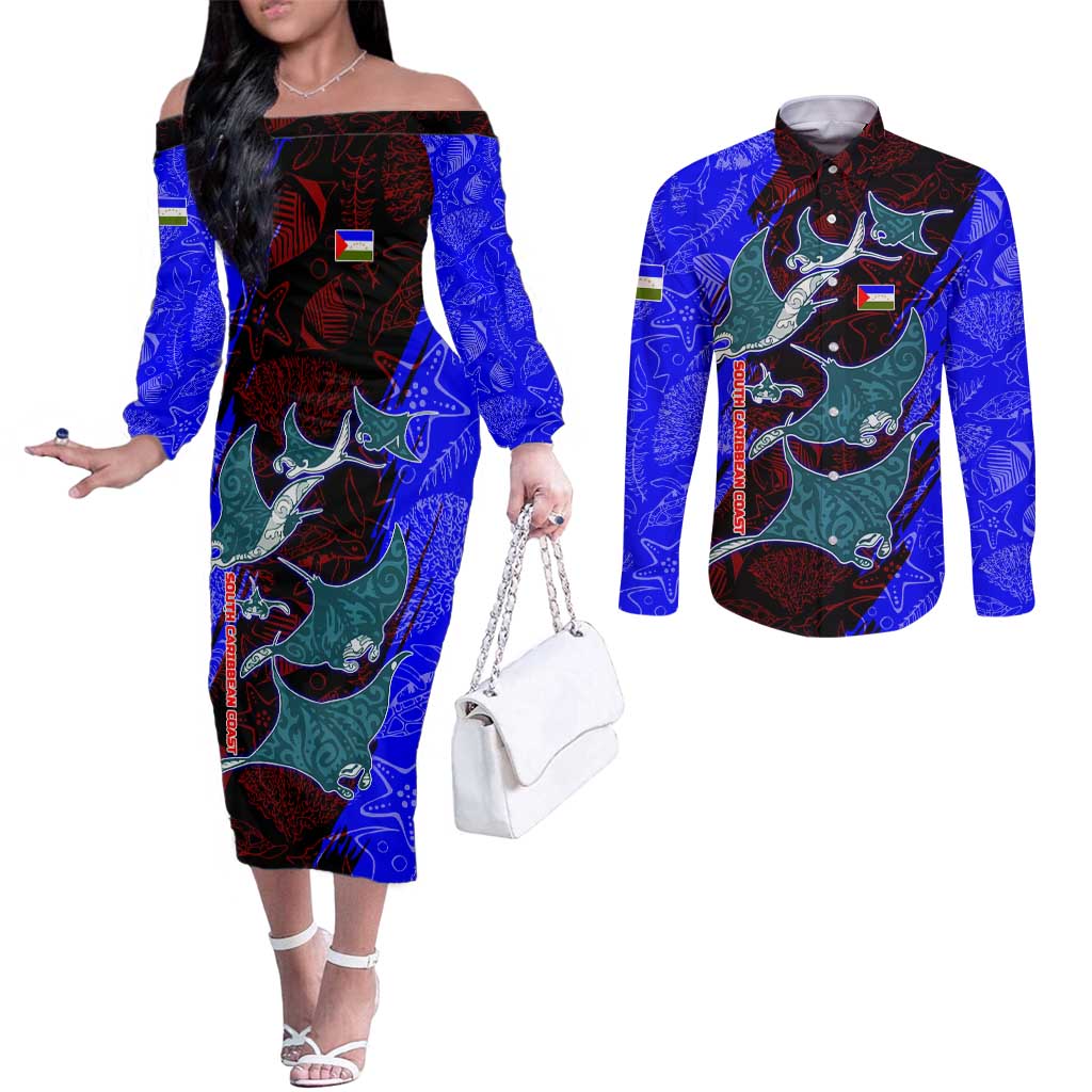South Caribbean Coast Nicaragua Couples Matching Off The Shoulder Long Sleeve Dress and Long Sleeve Button Shirt with Manta Ray Coral Reef and Dive into the Spirit Design - Wonder Print Shop