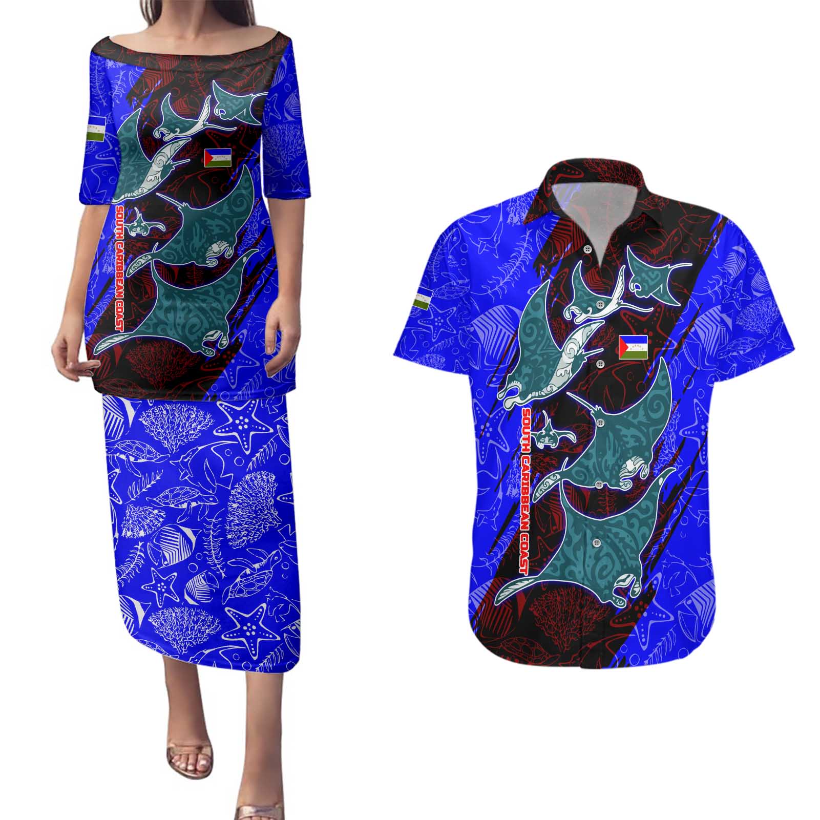 South Caribbean Coast Nicaragua Couples Matching Puletasi and Hawaiian Shirt with Manta Ray Coral Reef and Dive into the Spirit Design - Wonder Print Shop