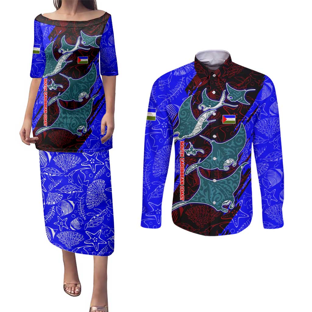 South Caribbean Coast Nicaragua Couples Matching Puletasi and Long Sleeve Button Shirt with Manta Ray Coral Reef and Dive into the Spirit Design - Wonder Print Shop