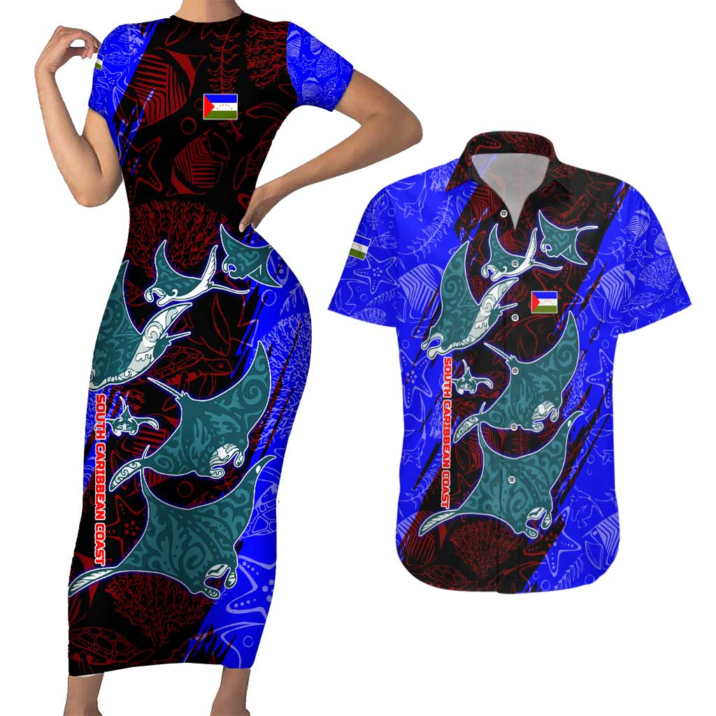 South Caribbean Coast Nicaragua Couples Matching Short Sleeve Bodycon Dress and Hawaiian Shirt with Manta Ray Coral Reef and Dive into the Spirit Design - Wonder Print Shop