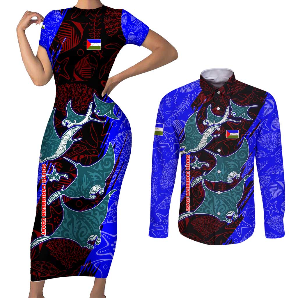 South Caribbean Coast Nicaragua Couples Matching Short Sleeve Bodycon Dress and Long Sleeve Button Shirt with Manta Ray Coral Reef and Dive into the Spirit Design - Wonder Print Shop