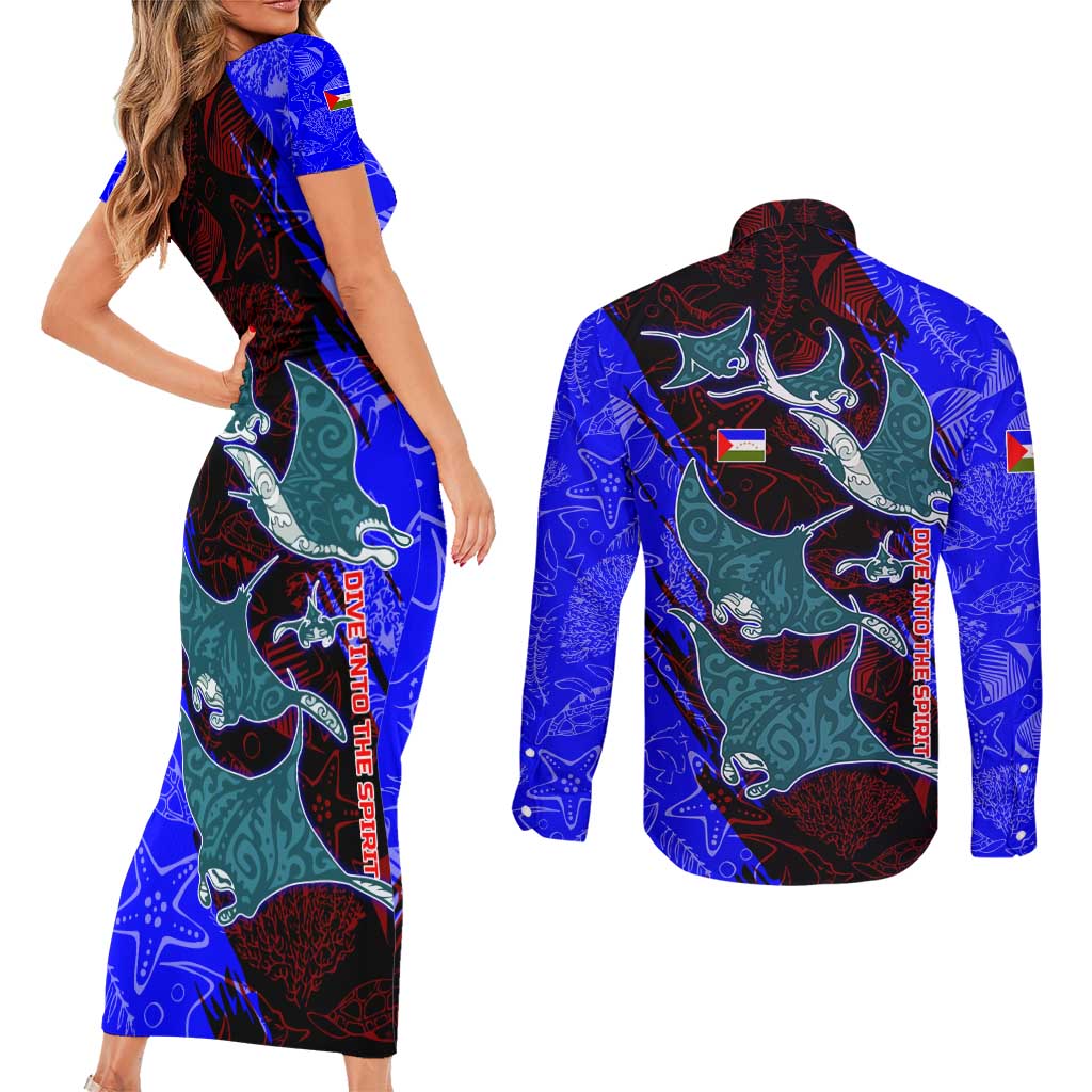 South Caribbean Coast Nicaragua Couples Matching Short Sleeve Bodycon Dress and Long Sleeve Button Shirt with Manta Ray Coral Reef and Dive into the Spirit Design - Wonder Print Shop