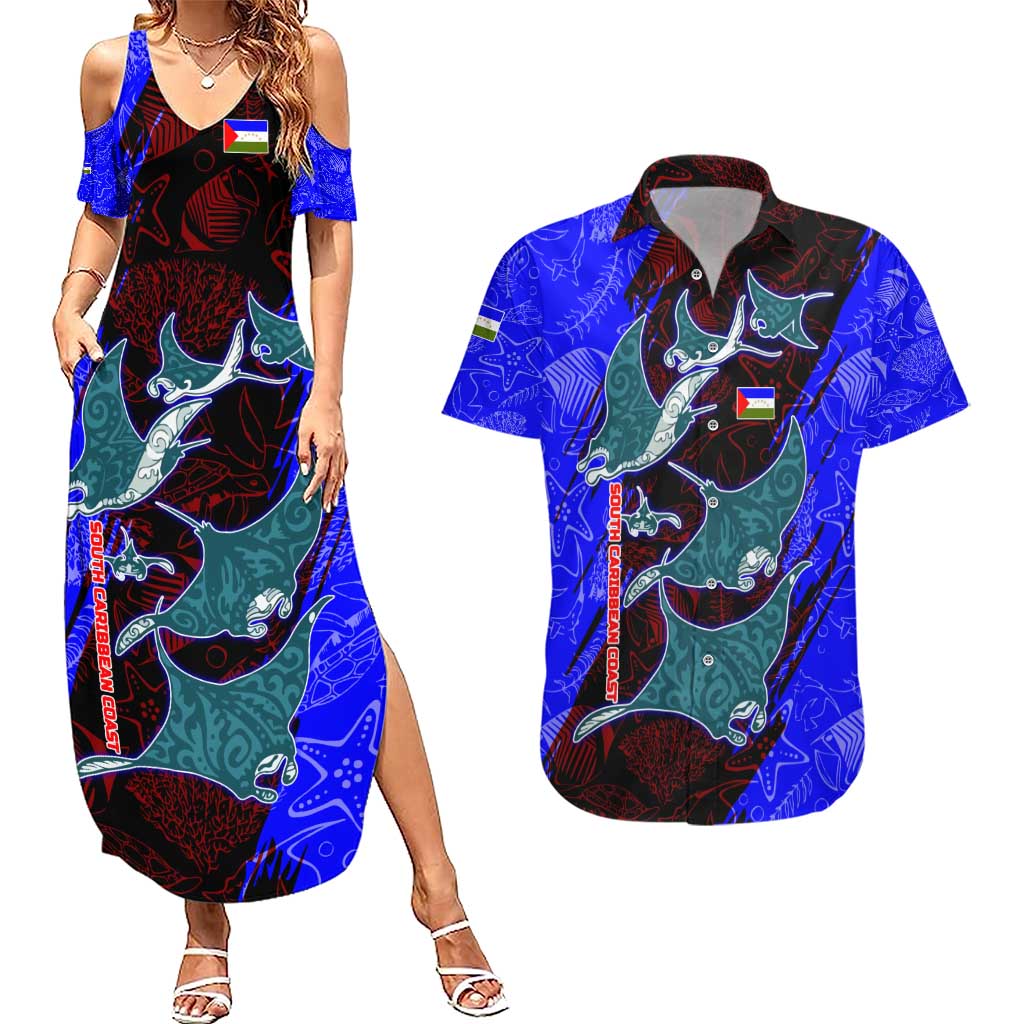 South Caribbean Coast Nicaragua Couples Matching Summer Maxi Dress and Hawaiian Shirt with Manta Ray Coral Reef and Dive into the Spirit Design - Wonder Print Shop