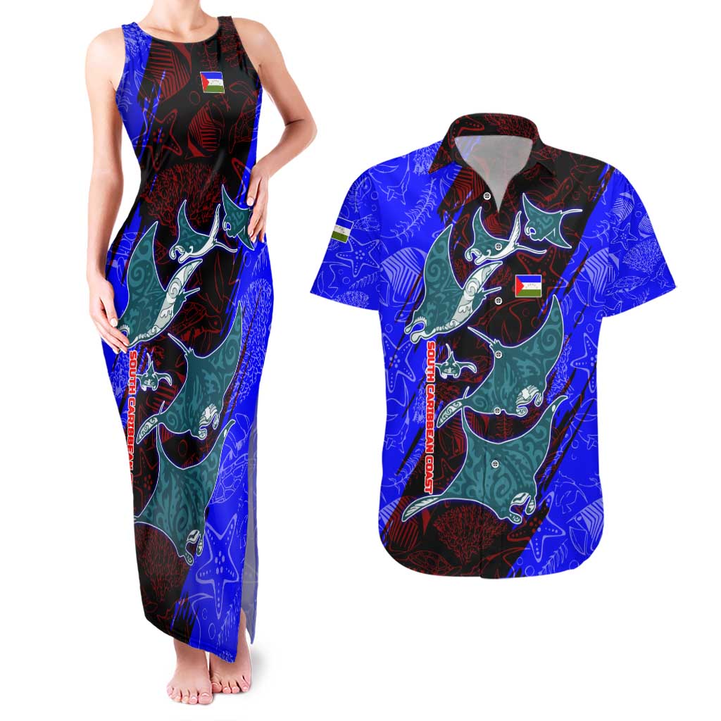South Caribbean Coast Nicaragua Couples Matching Tank Maxi Dress and Hawaiian Shirt with Manta Ray Coral Reef and Dive into the Spirit Design - Wonder Print Shop