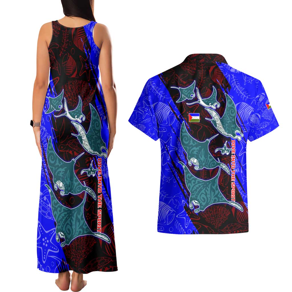 South Caribbean Coast Nicaragua Couples Matching Tank Maxi Dress and Hawaiian Shirt with Manta Ray Coral Reef and Dive into the Spirit Design - Wonder Print Shop
