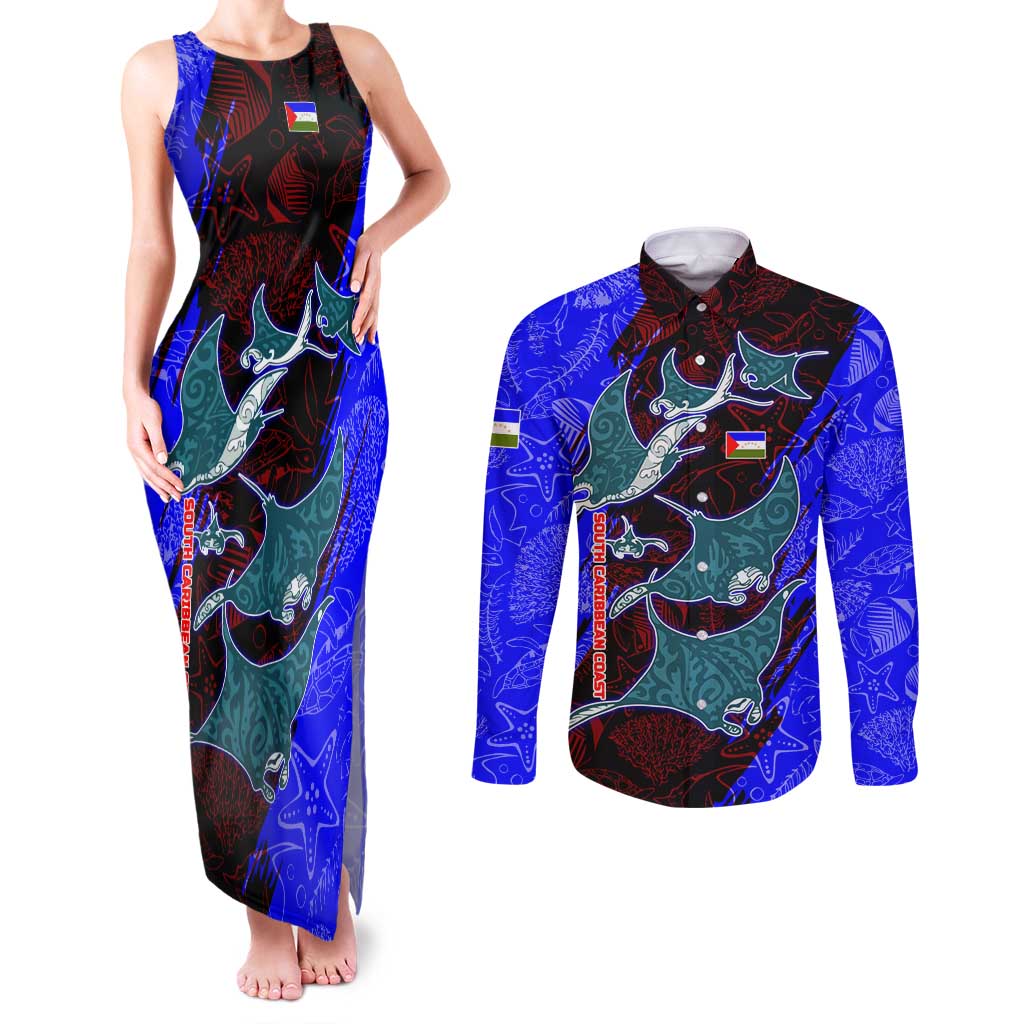 South Caribbean Coast Nicaragua Couples Matching Tank Maxi Dress and Long Sleeve Button Shirt with Manta Ray Coral Reef and Dive into the Spirit Design - Wonder Print Shop