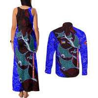 South Caribbean Coast Nicaragua Couples Matching Tank Maxi Dress and Long Sleeve Button Shirt with Manta Ray Coral Reef and Dive into the Spirit Design - Wonder Print Shop
