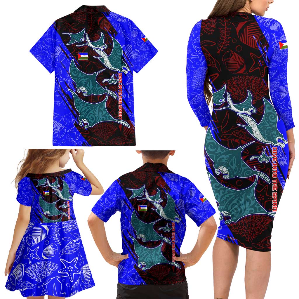 South Caribbean Coast Nicaragua Family Matching Long Sleeve Bodycon Dress and Hawaiian Shirt with Manta Ray Coral Reef and Dive into the Spirit Design - Wonder Print Shop