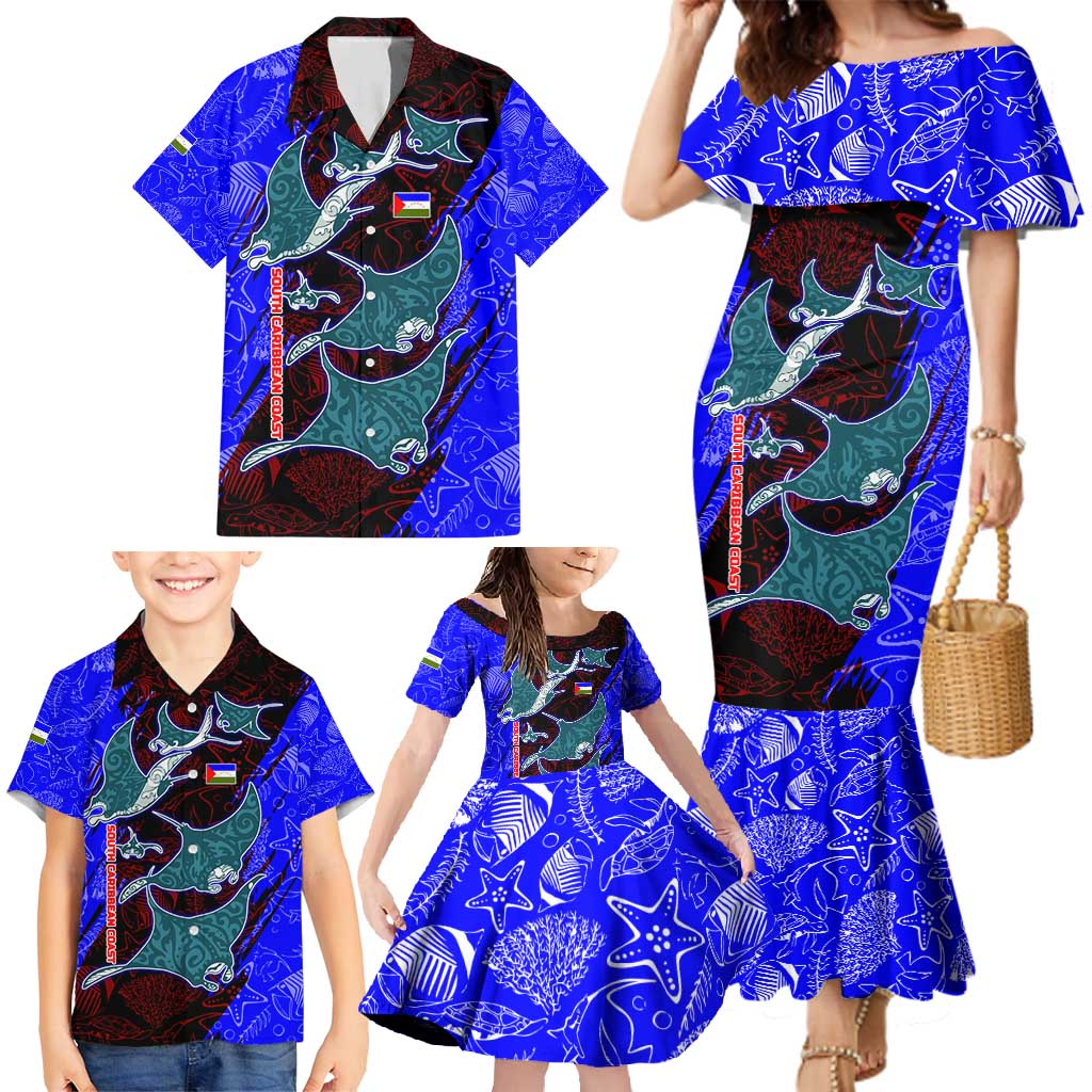 South Caribbean Coast Nicaragua Family Matching Mermaid Dress and Hawaiian Shirt with Manta Ray Coral Reef and Dive into the Spirit Design - Wonder Print Shop
