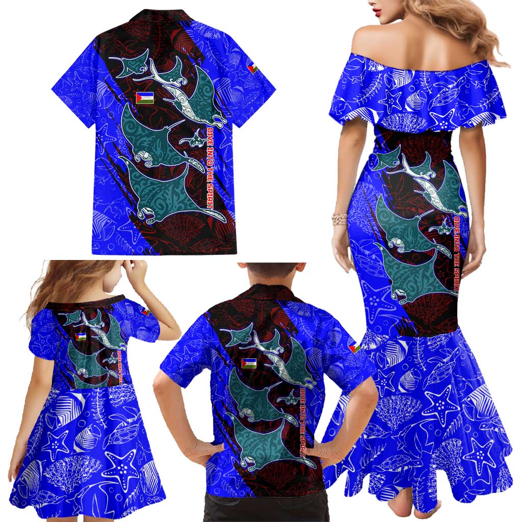 South Caribbean Coast Nicaragua Family Matching Mermaid Dress and Hawaiian Shirt with Manta Ray Coral Reef and Dive into the Spirit Design - Wonder Print Shop
