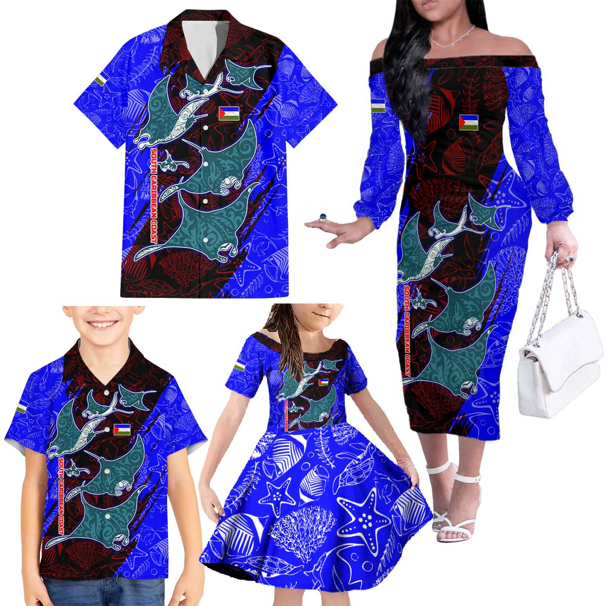 South Caribbean Coast Nicaragua Family Matching Off The Shoulder Long Sleeve Dress and Hawaiian Shirt with Manta Ray Coral Reef and Dive into the Spirit Design - Wonder Print Shop