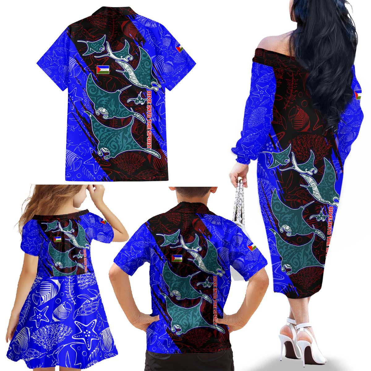 South Caribbean Coast Nicaragua Family Matching Off The Shoulder Long Sleeve Dress and Hawaiian Shirt with Manta Ray Coral Reef and Dive into the Spirit Design - Wonder Print Shop