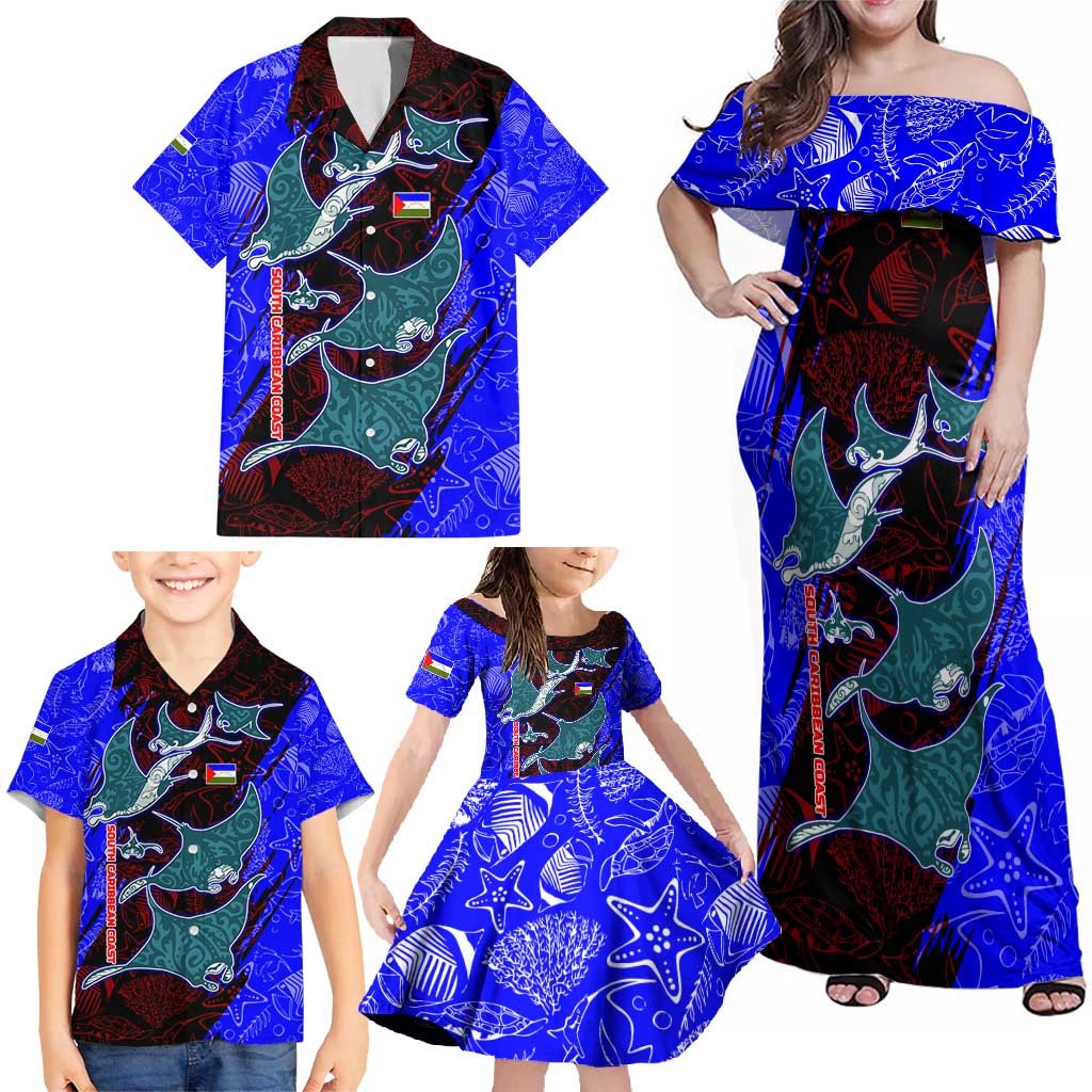 South Caribbean Coast Nicaragua Family Matching Off Shoulder Maxi Dress and Hawaiian Shirt with Manta Ray Coral Reef and Dive into the Spirit Design - Wonder Print Shop